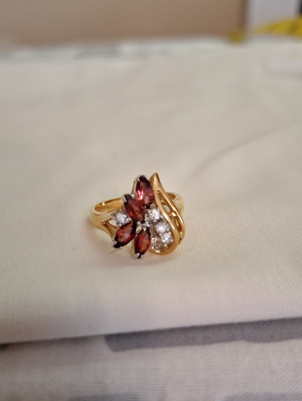 Gold Garnet and Diamond Cluster Ring, Sz 7